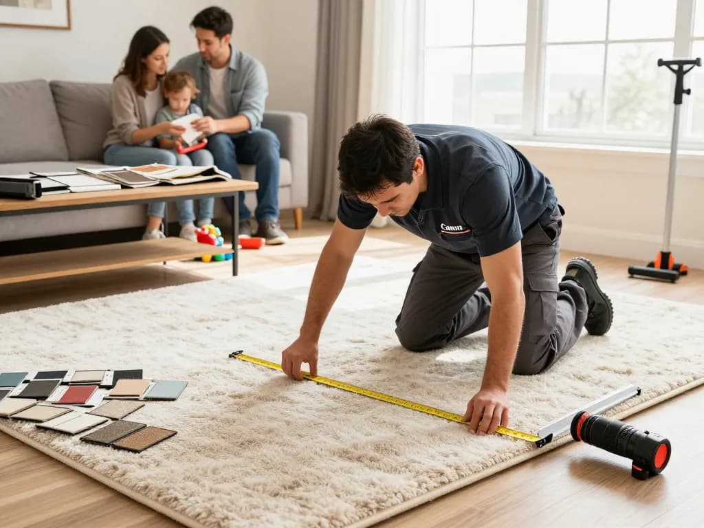 Professional carpet fitters near me installing plush carpet in a cozy living room, showcasing expertise and warmth.