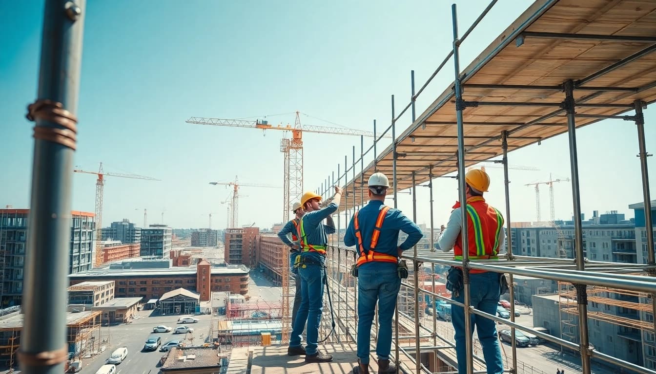 Workers responsibly erecting caffolding Bolton at a lively construction site.