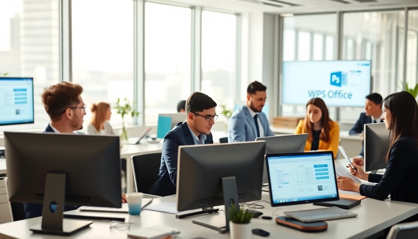 现代办公室环境中，多位专业人士协同工作，展示了 WPS Office 软件。