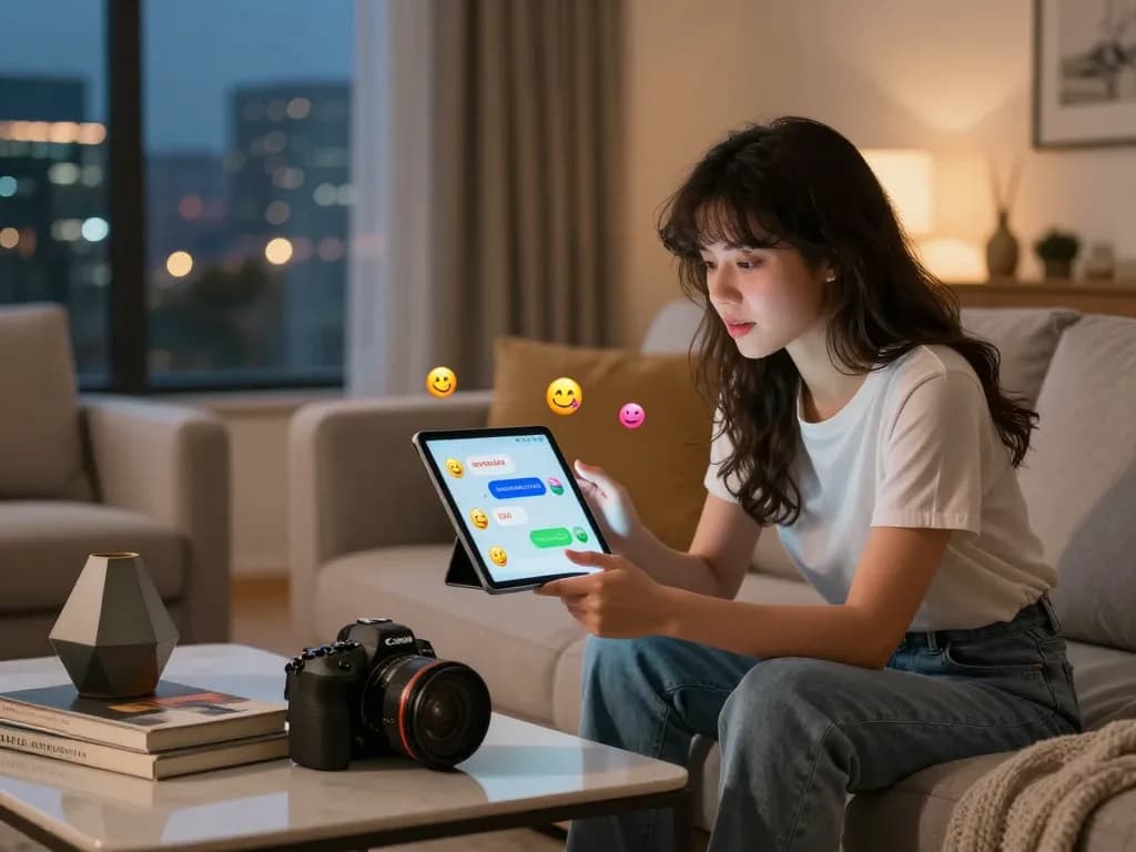 Engaging in spicy chat with AI companion on tablet in cozy living room.