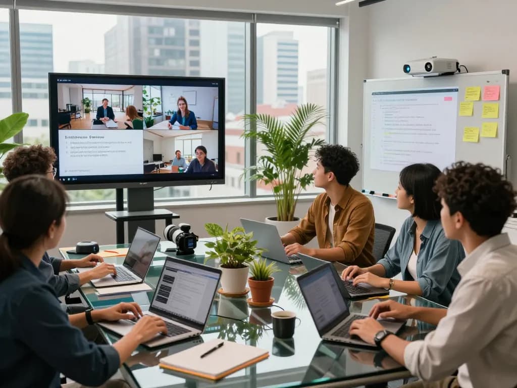 Collaborative team generating video to prompt descriptions in a modern workspace.