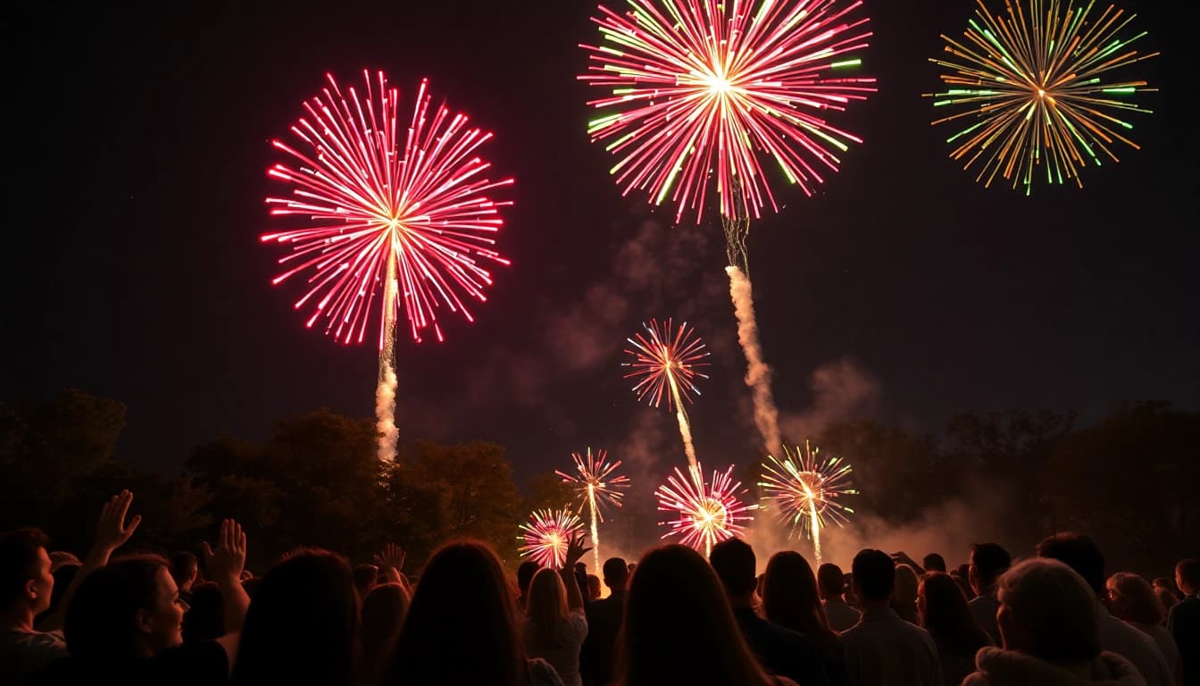 Captivating scene of wholesale fireworks illuminating the night sky, showcasing vivid colors and sparkling effects.