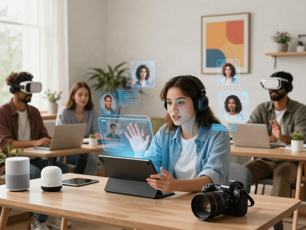 Engaging porn ai chat interaction in a futuristic digital space with avatars and tablets