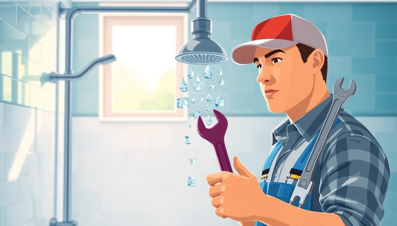Professional plumber examining a shower not working with tools in a bright bathroom.