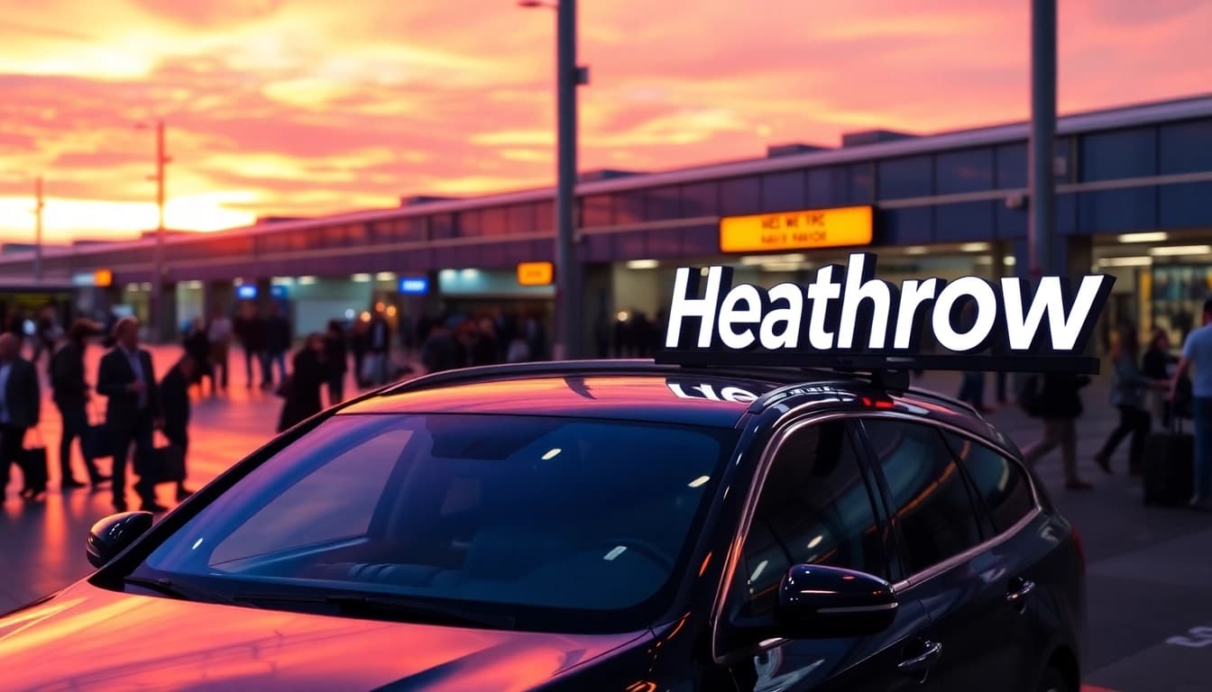 Airport transfer vehicle with "Heathrow" sign set against a dynamic London terminal background.