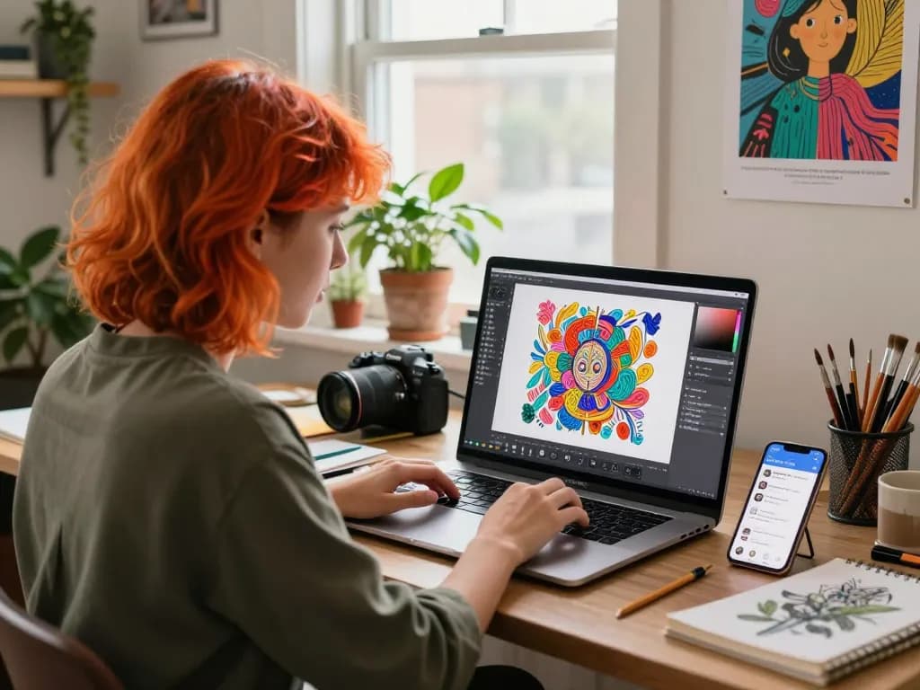 Artist using Nano Banana 2 in a creative home studio with lively plants and colorful artwork.