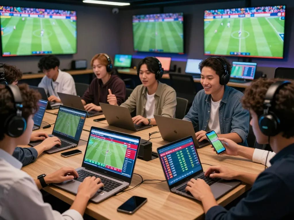 Diverse group engaging with web cá độ bóng đá platforms, placing football bets in an energetic gaming lounge.