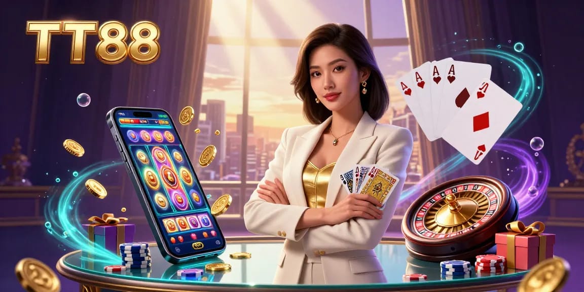 Experience thrilling moments with TT88's vibrant casino games, featuring dynamic slot reels, poker action, and golden coins.