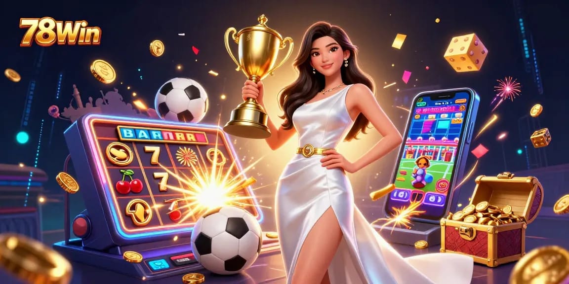 Win big with 78Win as a confident woman celebrates victory in a vibrant casino scene.