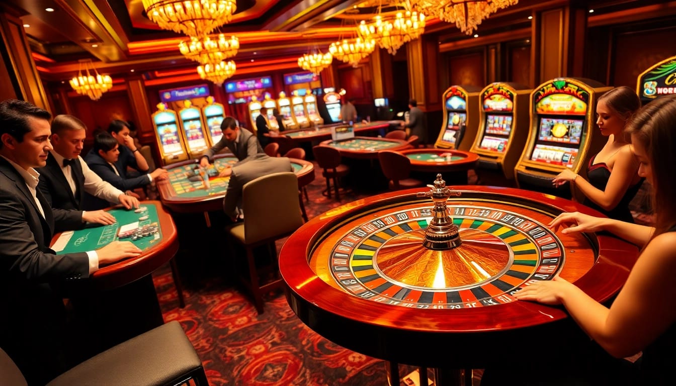 A lively casino scene showcasing players engaging with games at https://1mm888.com/, highlighting excitement and strategy.