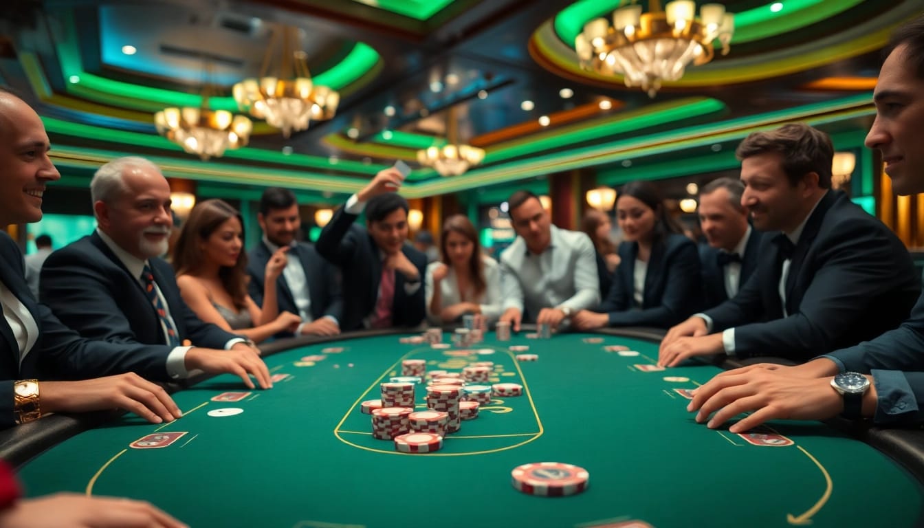 Engaged players at a 33win poker table showcasing vibrant poker chips and cards.