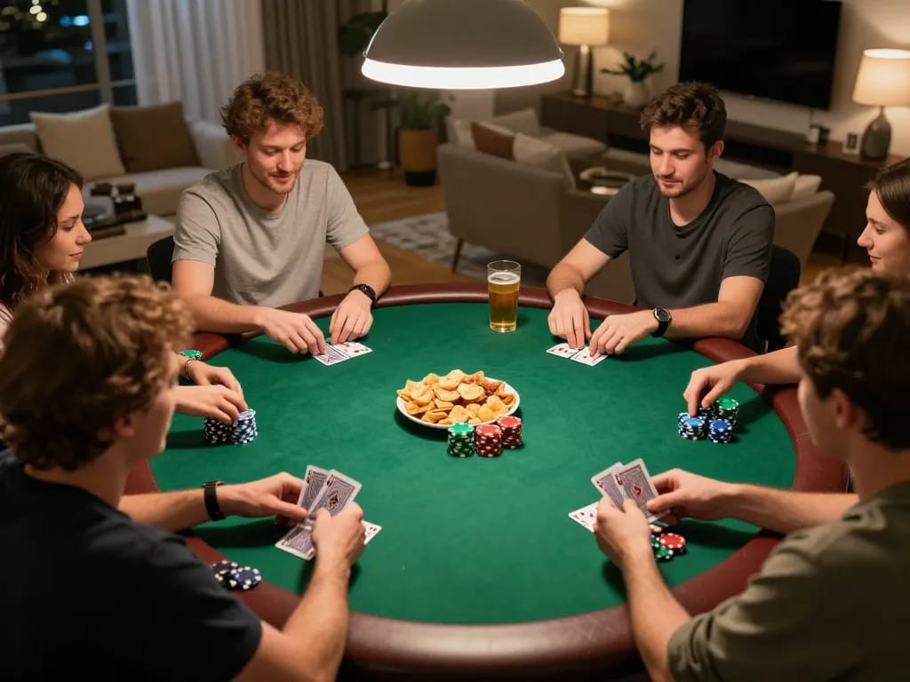 Players enjoy a thrilling poker night at home, showcasing the community aspect of Nhà cái KK55.