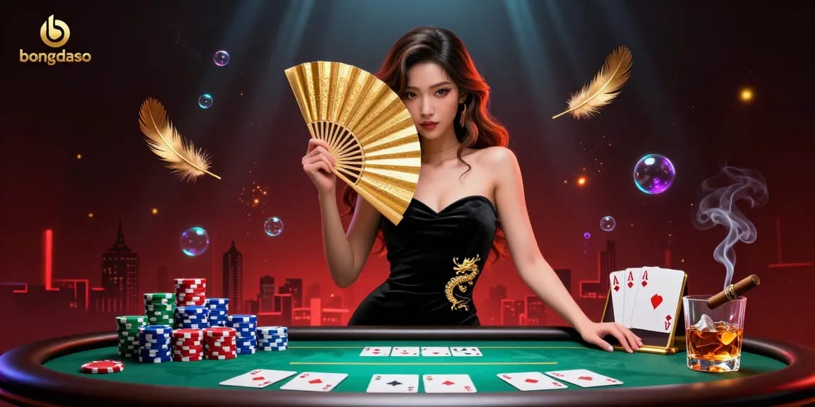 Bongdaso showcases a captivating Asian woman in an elaborate design, embodying the thrill of poker gaming.