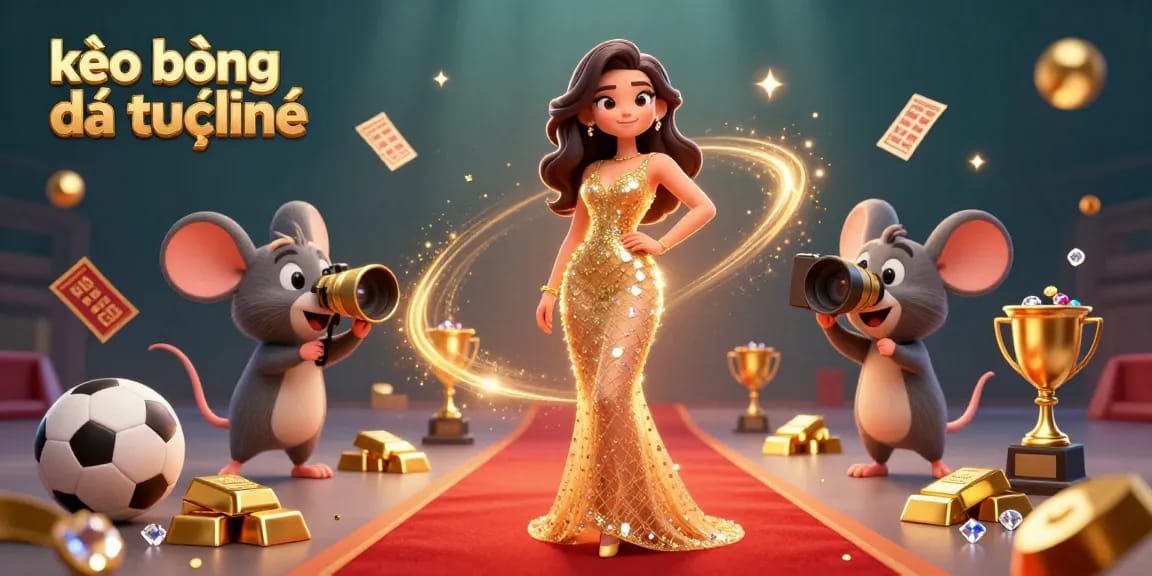 Experience kèo bóng đá trực tuyến with a vibrant illustration featuring a glamorous character, sports elements, and gleaming treasures.
