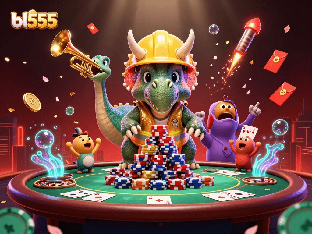 Engage in thrilling gaming with bl555 as a triceratops builds a poker chip pyramid amidst lively celebrations.