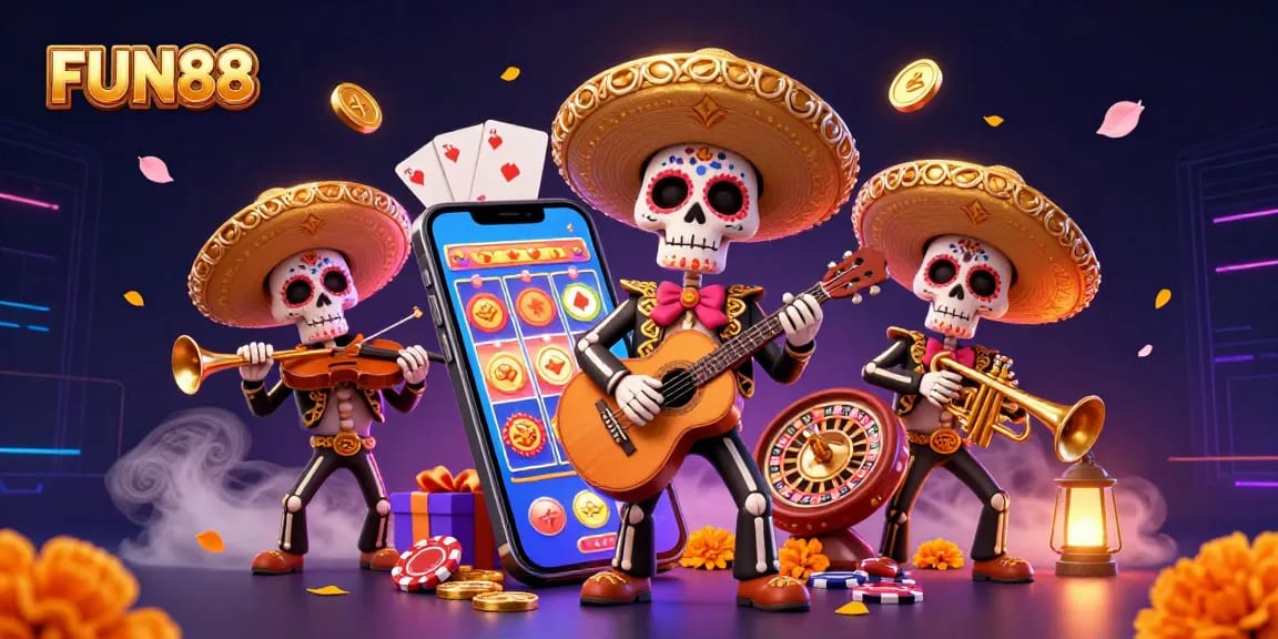 Experience exciting gaming with FUN88's vibrant casino illustration featuring a Mariachi band and thrilling slot games.