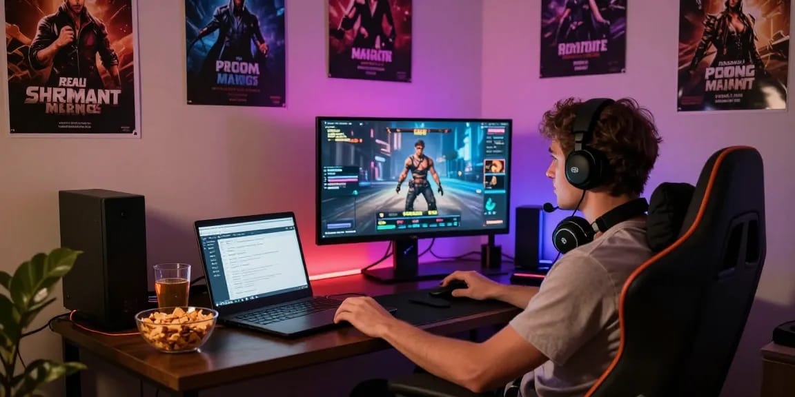 Engaged gamer immersed in a real porn game in a cozy, ambient-lit room with snacks and gaming gear.