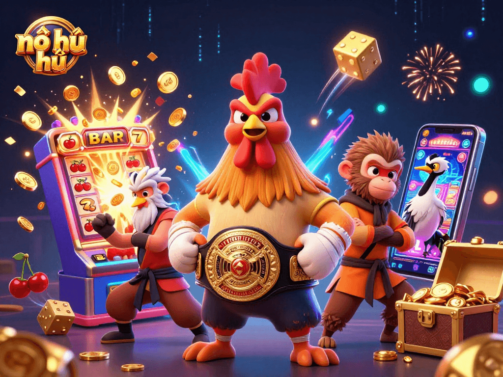 Nổ hũ jackpot explosion scene with a Muay Thai rooster, Shaolin monkey, and wise crane master celebrating with casino elements.