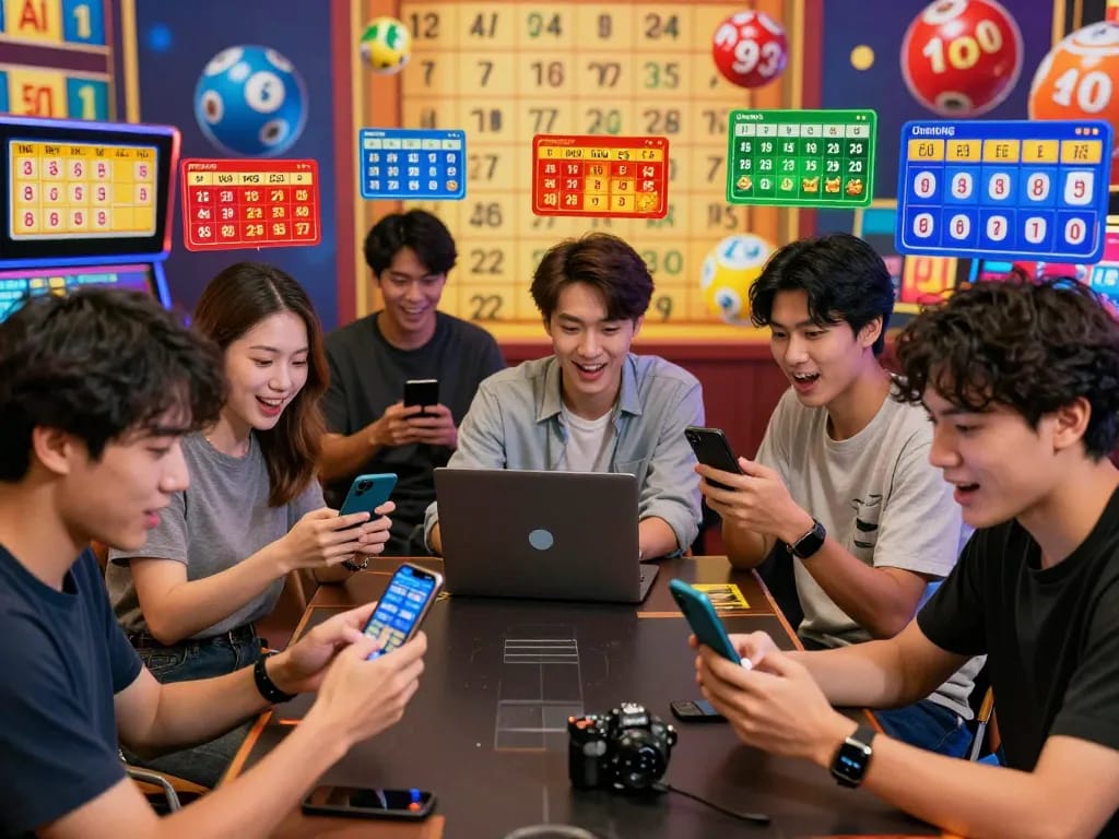 A dynamic online lô đề gaming scene showing players excitedly engaging on smartphones and tablets.
