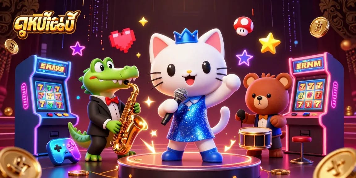 Experience ดูหนังออนไลน์ in a lively and colorful casino-themed illustration featuring animated characters.