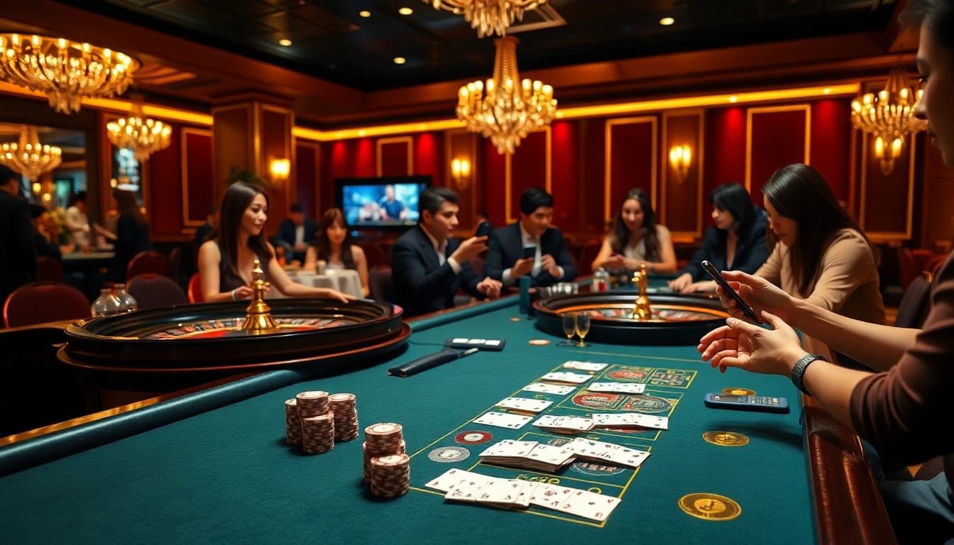 Players enjoying vn88 at a vibrant casino table with poker chips and a roulette wheel.