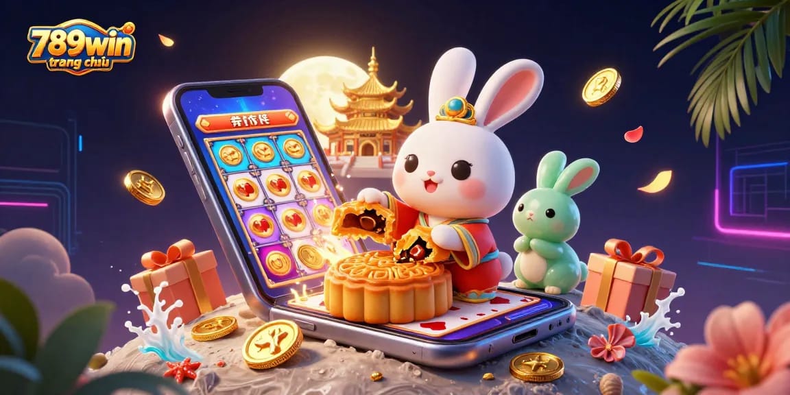 Engage with the vibrant 789win trang chủ digital casino world featuring a moon rabbit game scene bursting with poker chips and golden coins.
