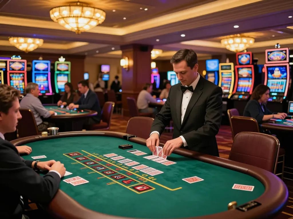 Players enjoying thrilling games at KO66 casino's elegant blackjack table with vibrant atmosphere.