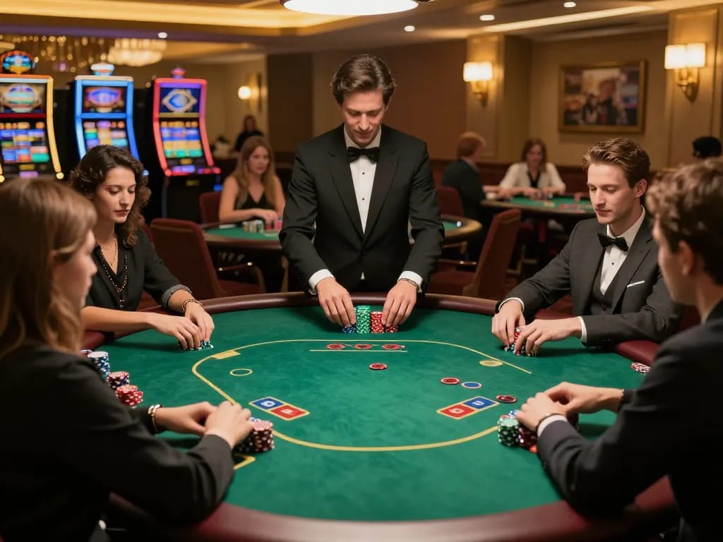 Players enjoying intense poker games at Luck8's refined casino atmosphere with vibrant gameplay