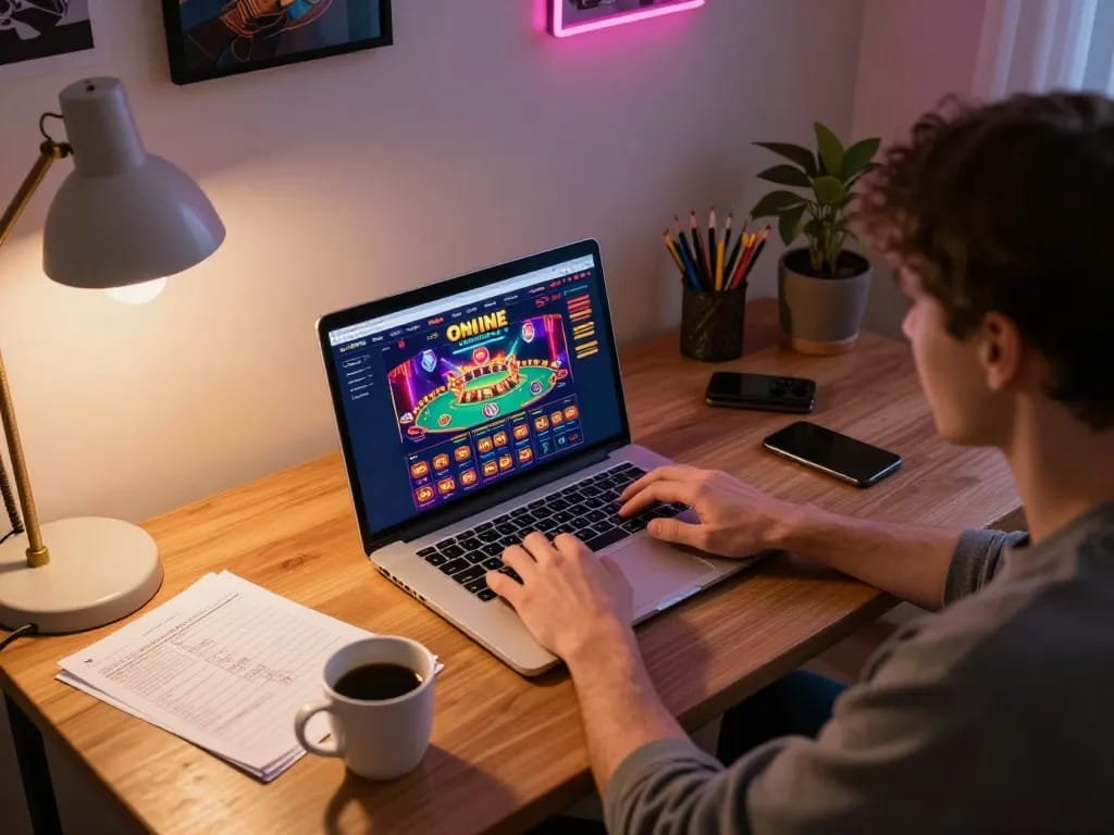 Engaging in online gaming at tylekeo360 with a laptop set up in a cozy home environment.