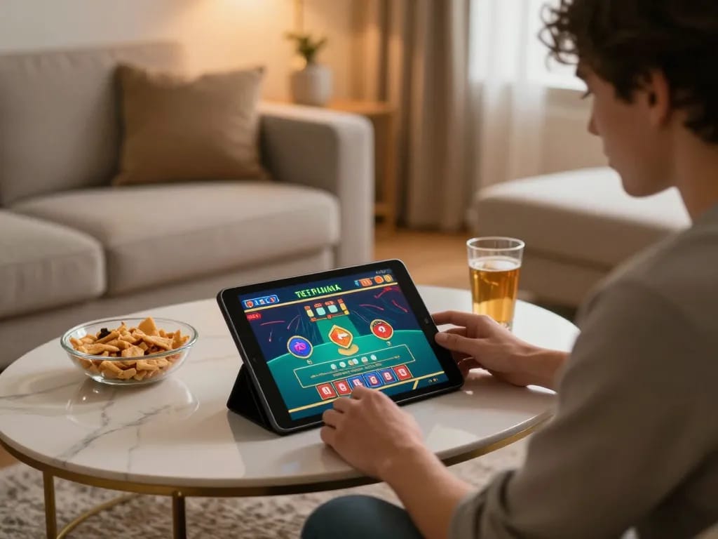 Engaged player enjoying cm88 live dealer game on tablet in stylish home setting, showcasing modern online gaming atmosphere.