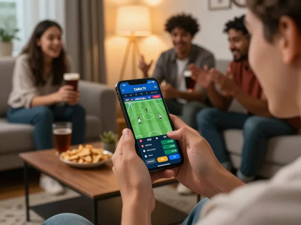 Enjoying live sports betting on Cakhia TV with mobile app in cozy home setting.