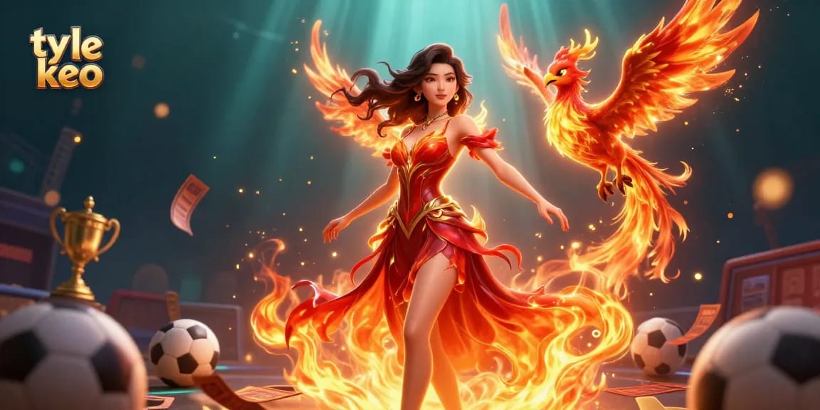 Bet confidently with ty le keo in a vibrant 3D scene featuring sports elements and a stunning phoenix.
