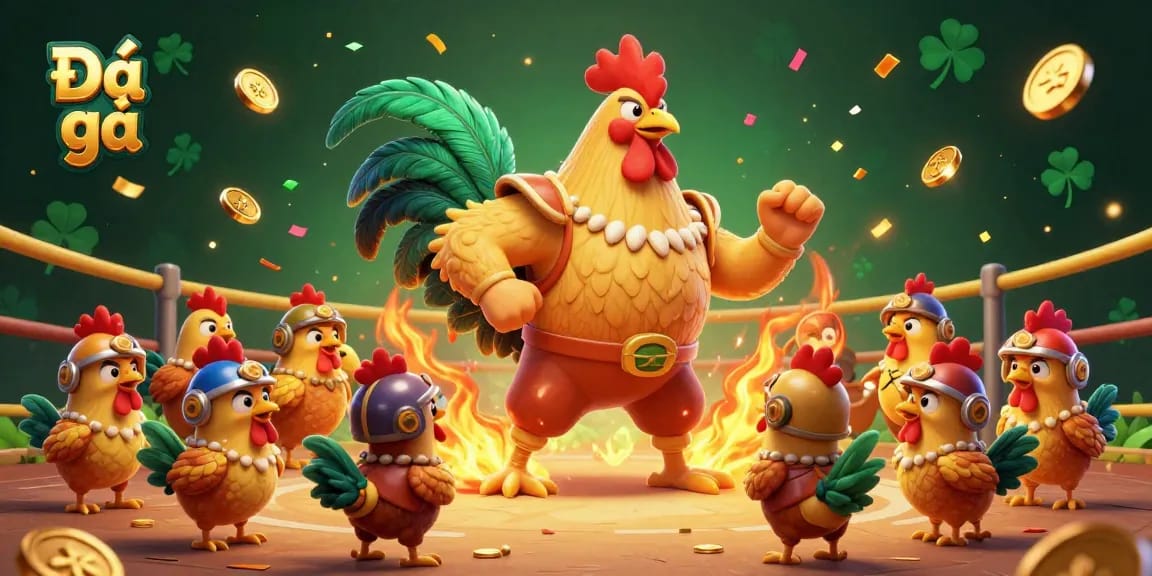 Experience thrilling Đá gà action in a vibrant 3D illustration, showcasing an energetic cockfighting arena.