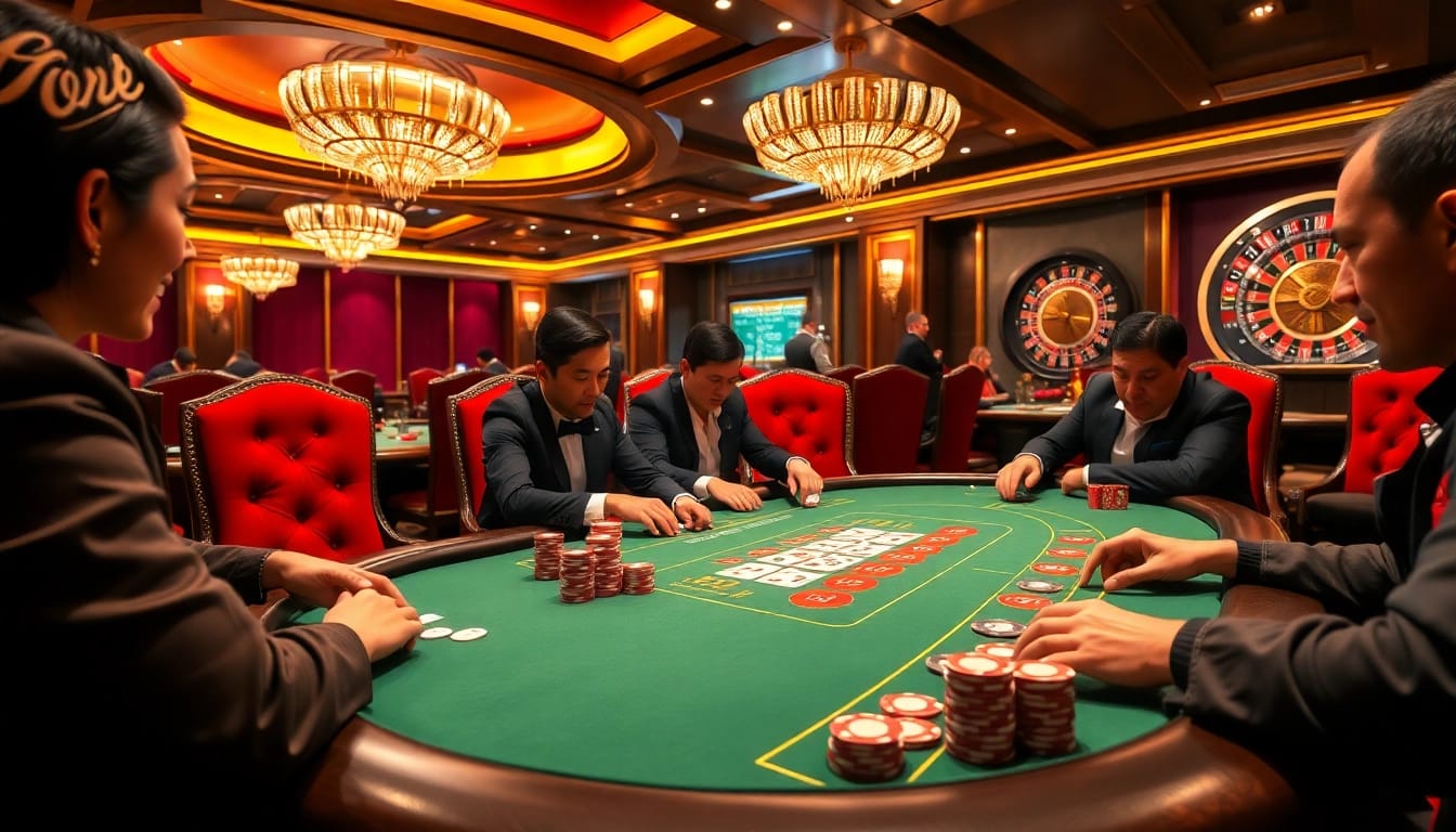 Players enjoying a thrilling poker game at a luxurious casino table with go 88 poker chips stacked high.