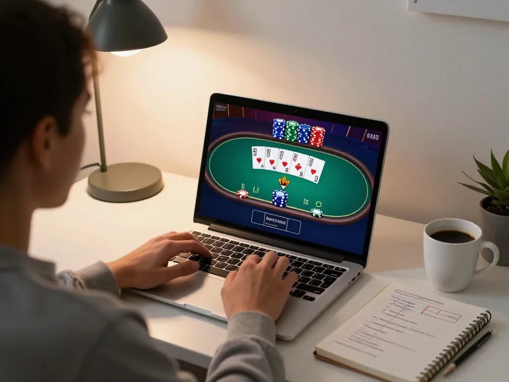 Engaging in online gaming at Trang chủ BEM88 with poker cards and chips displayed on screen.