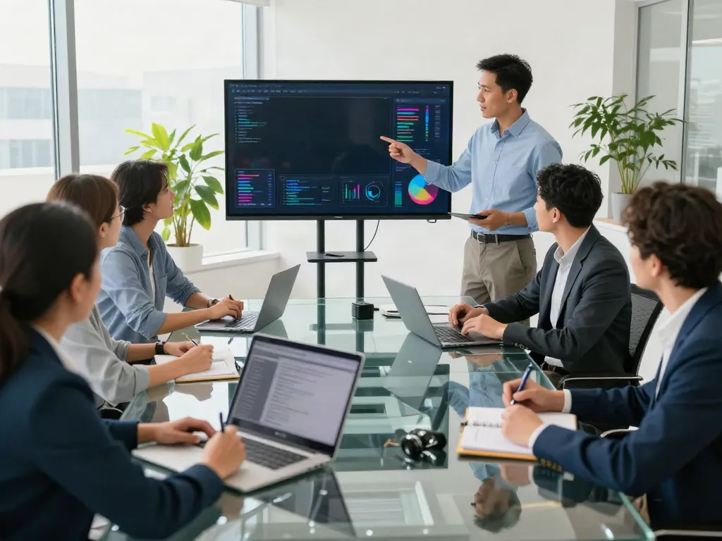 Their explanation discussed in a bright modern office meeting with a diverse team collaborating and engaging in strategy.