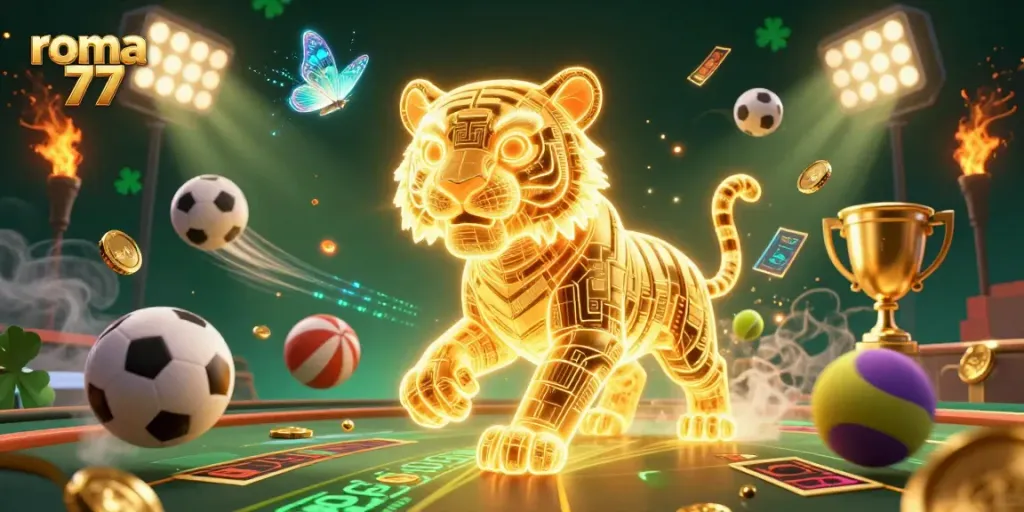Engage with the vibrant ambiance of a digital casino as roma 77 comes alive with animated characters and dynamic sports elements.