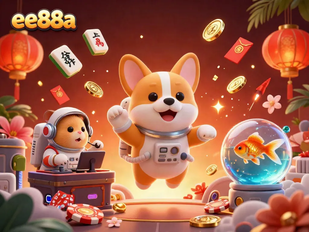 Experience high-energy gaming at ee88a with a floating astronaut corgi in a cosmic casino scene.