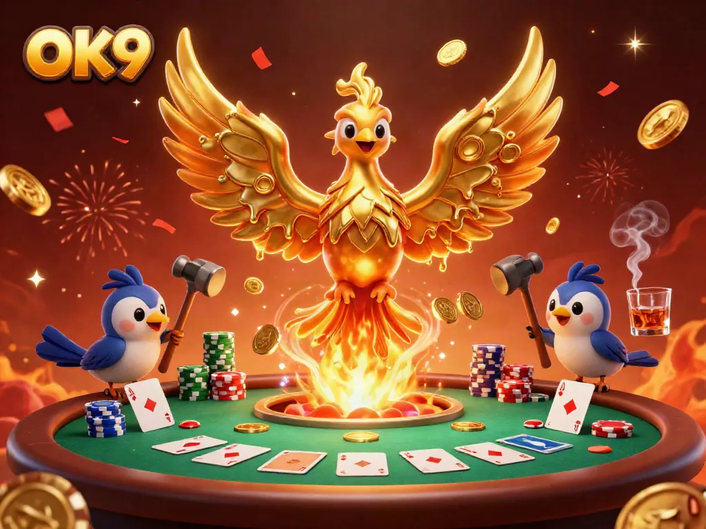 OK9 brings thrilling casino excitement with molten phoenix and poker elements creating a dynamic gaming scene.