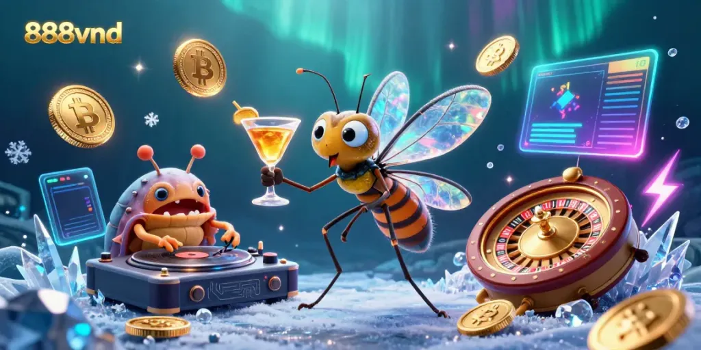 Experience thrilling gameplay with 888vnd as a vibrant cartoon scene featuring a casino mascot, DJ, and roulette wheel.