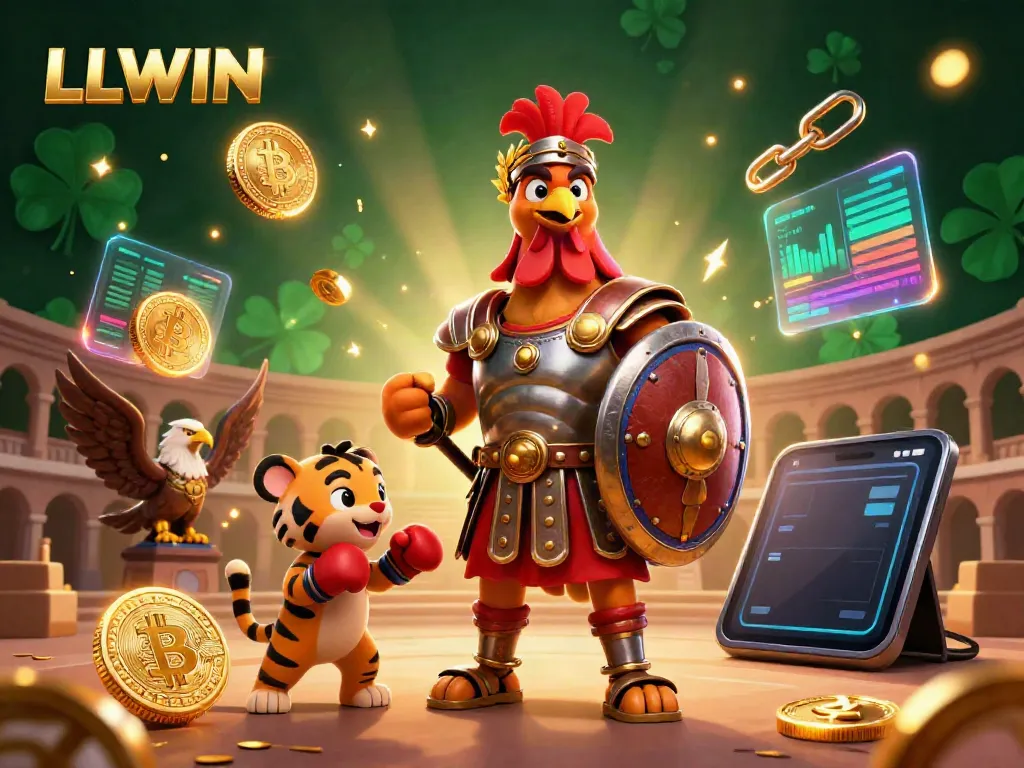 Experience thrilling action at LLWIN with a gladiator rooster and crypto elements in a casino arena.