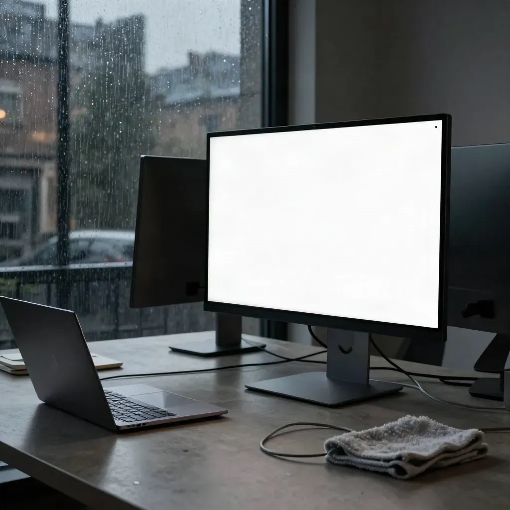 Rainy office with monitors, laptop, cloth, and a pixel test moment at night.