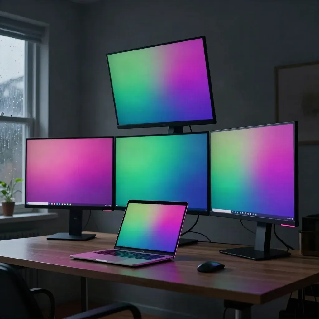 Rainy living room with laptop, monitor and TV showing synced test colours
