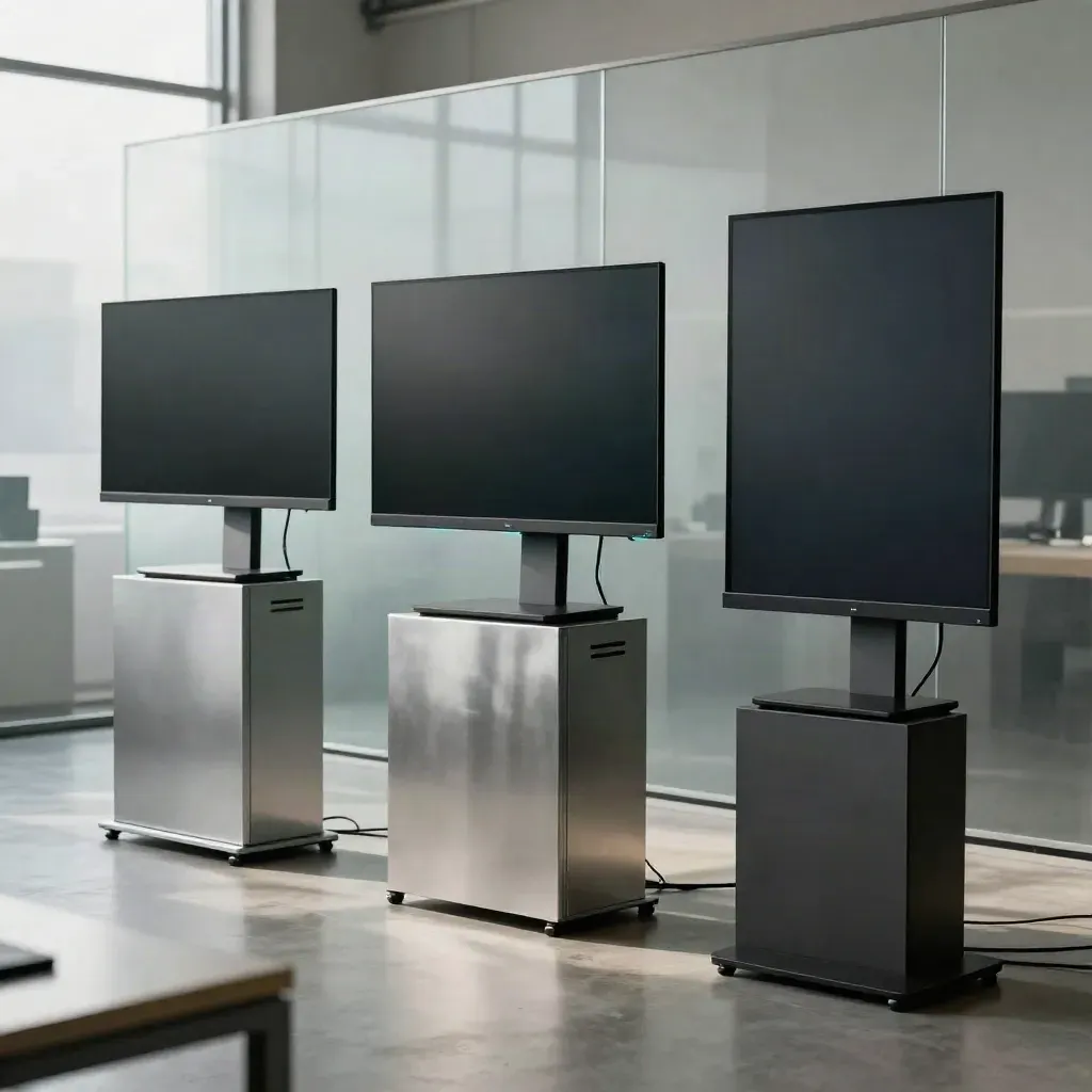 Three showroom monitors on staggered stands: one clean, one dark, one with edge bleed.