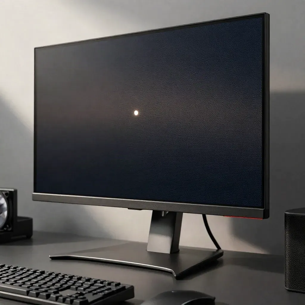 Ultrawide gaming monitor with a stuck bright pixel, keyboard, speaker and fan on a dark desk.