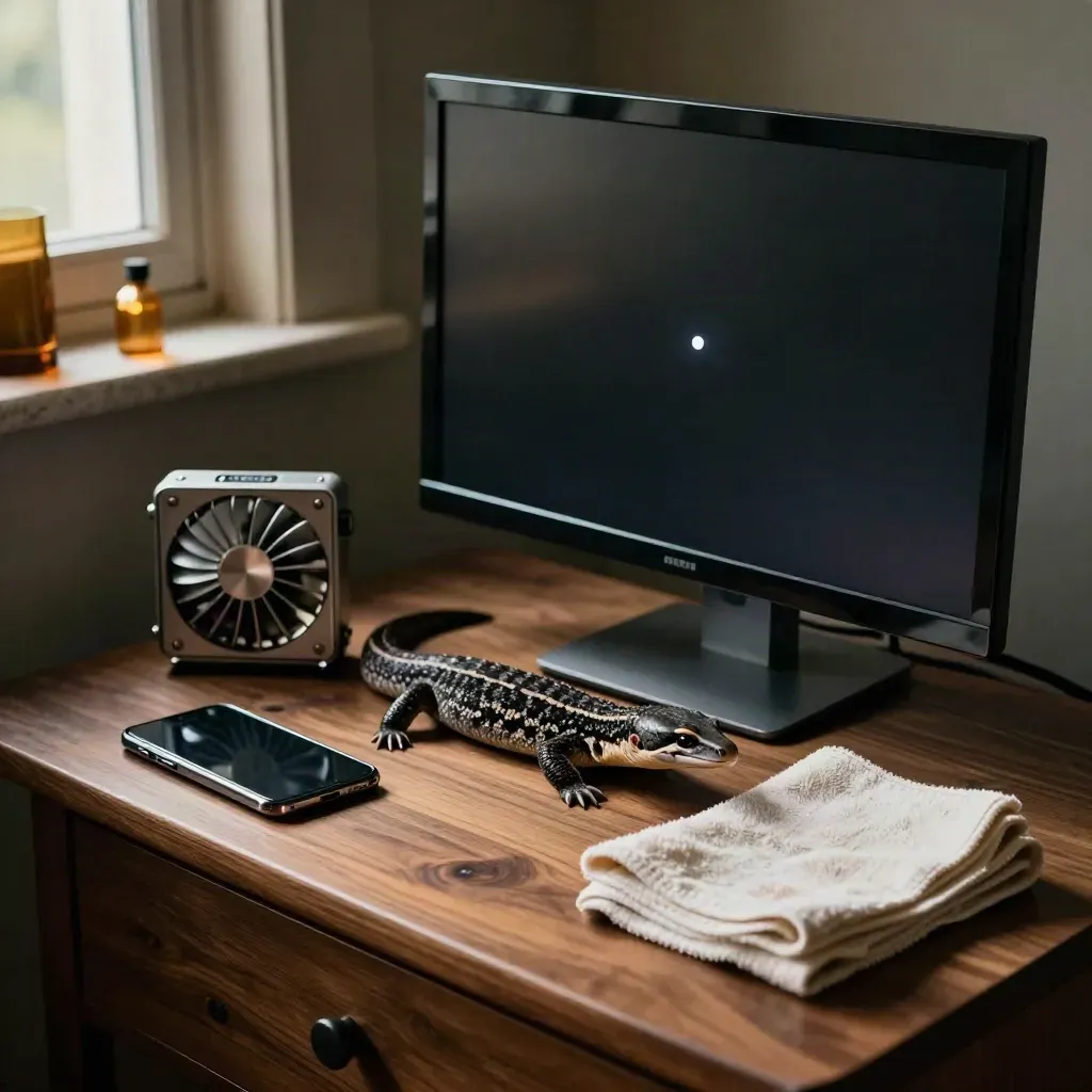 Monitor, phone, fan and cloth around a stuck pixel on a dark screen in warm window light.