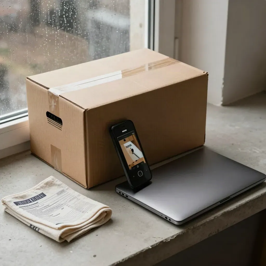 Monitor box, phone reflection, closed laptop and cloth arranged for a warranty claim on a winter bench