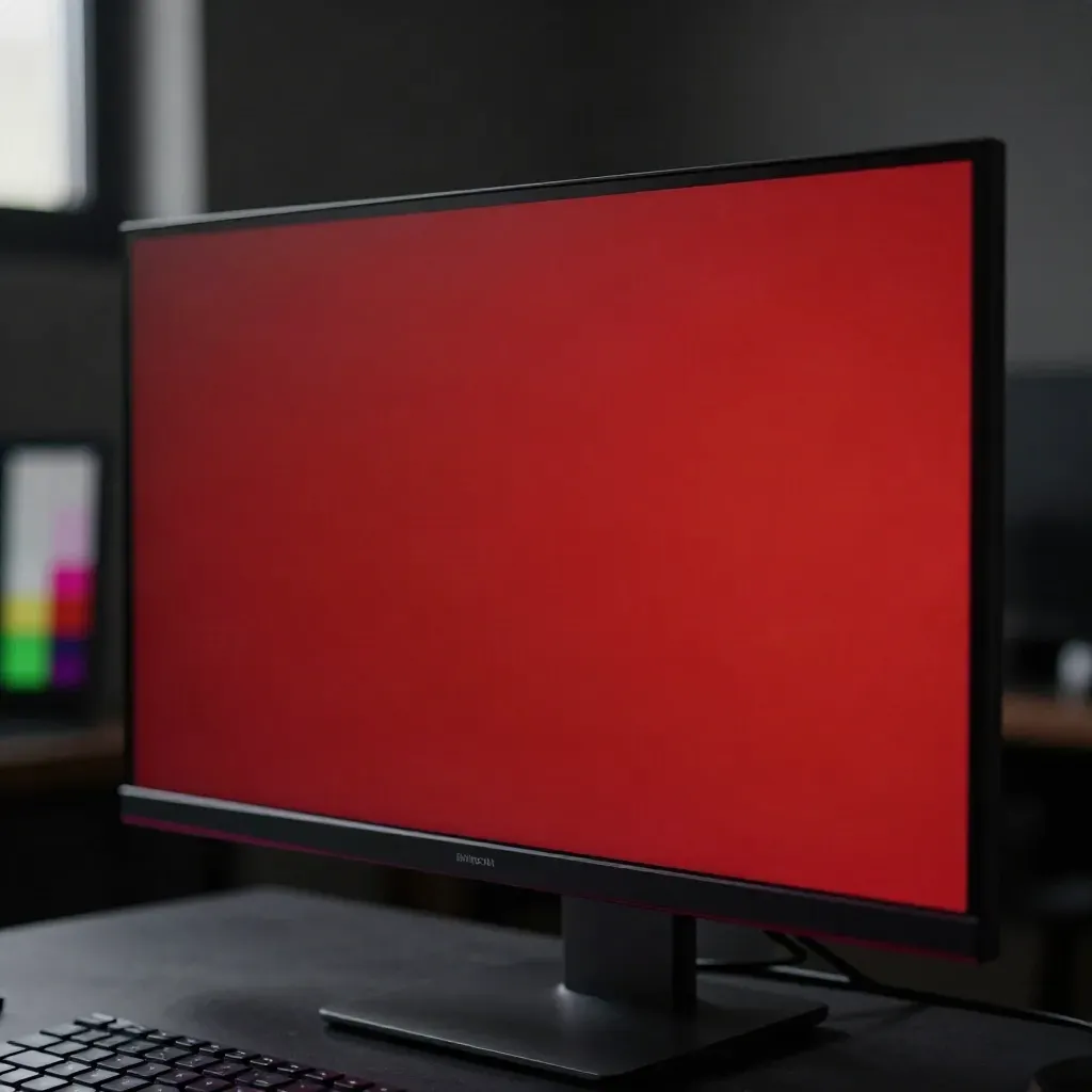 Matte monitor with a pure red test screen and a tiny dust speck near the edge.