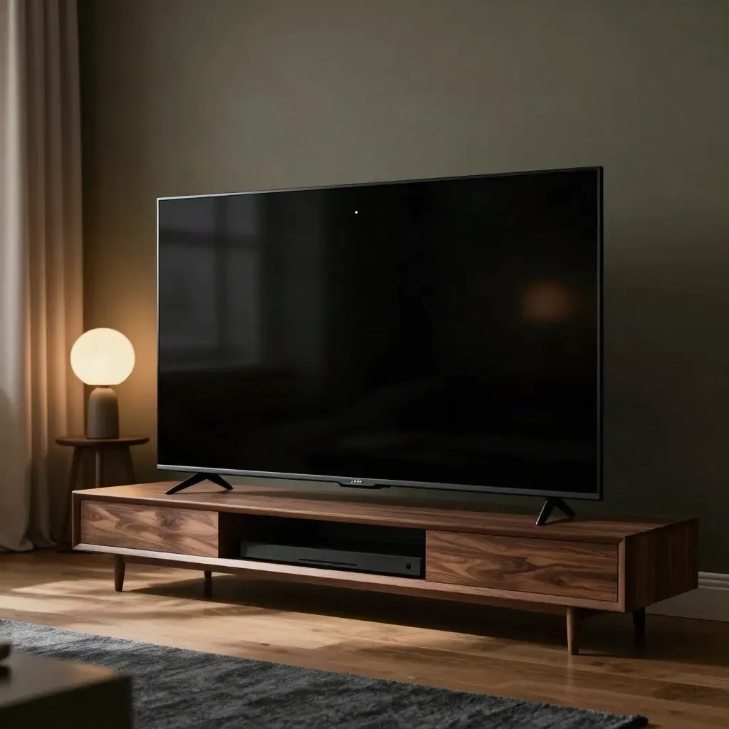 OLED TV on a dark living room screen with a tiny stuck-pixel glint above a low media console