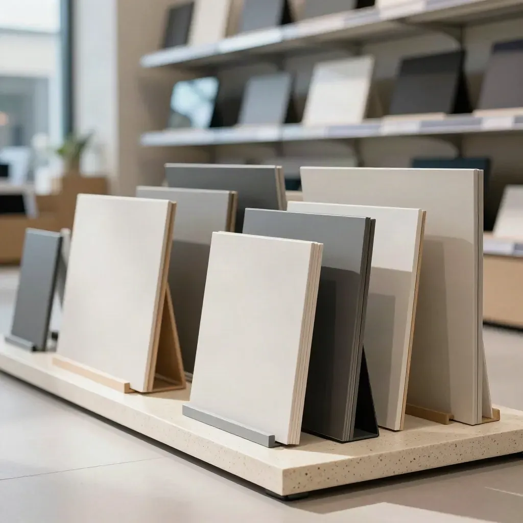Monitor boxes and stand samples in a retail aisle, lit by soft daylight.